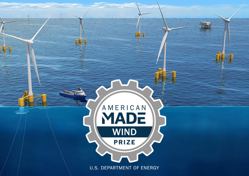 A graphic illustration of several floating offshore wind turbines and a boat overlain by an “American Made Wind Prize, U.S. Department of Energy” logo.