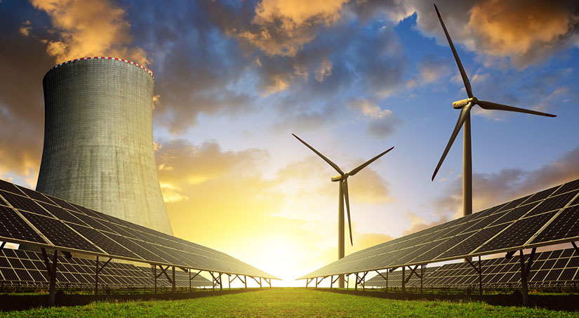A stock photo of a few different forms of renewable energy.