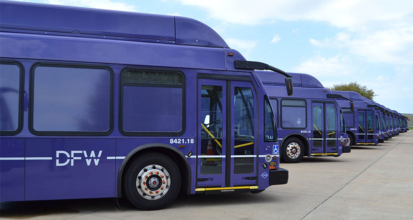 A row of parked buses at Dallas Fort Worth International Airport