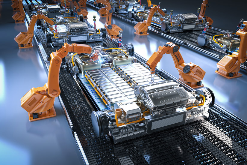 An illustration of a manufacturing line for electric vehicle batteries. 