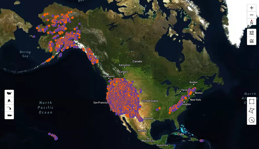 A satellite map of the United States overlain with colored dots and showing slide bars on the navigation panes.