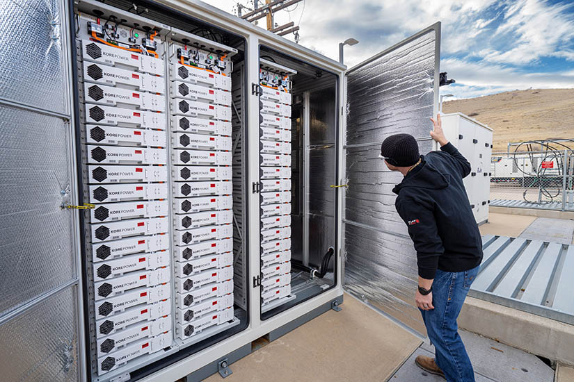 Photo of a person holding open a door to and looking at a large outdoor battery energy storage cabinet.