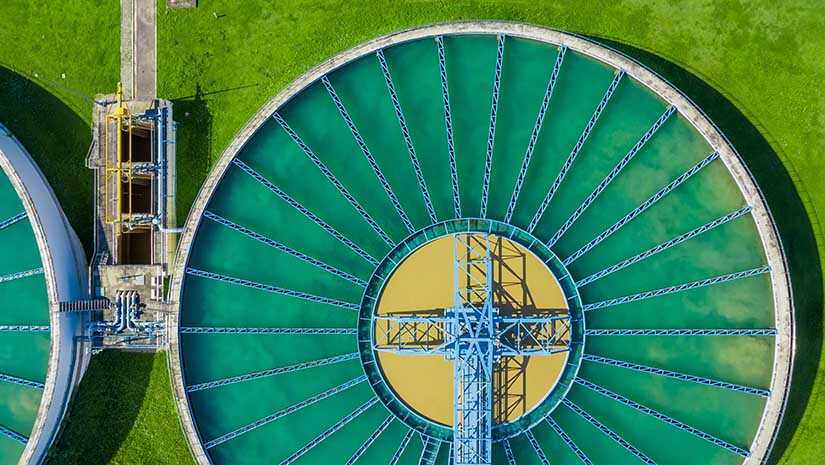 An aerial view of a water treatment plant.