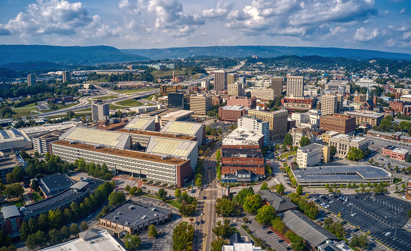 An aerial view of Chattanooga, Tennessee.