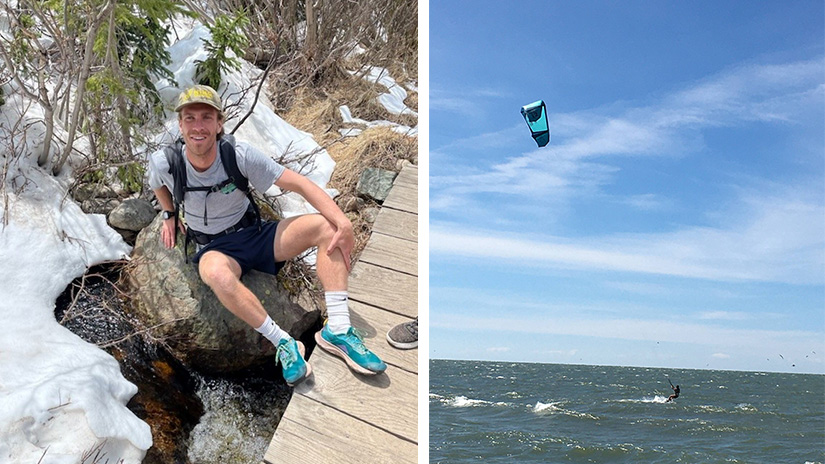 Will Wiley sitting on a rock in a riverbed and kite surfing in the ocean.