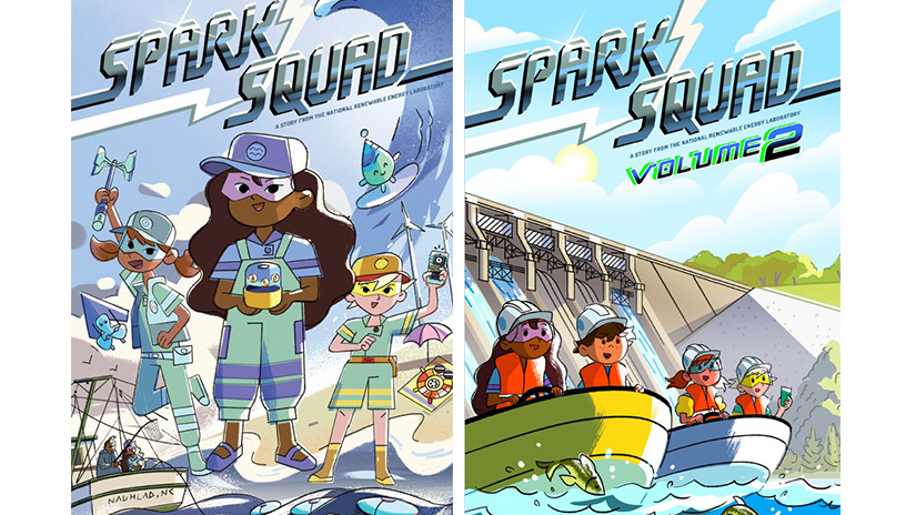 The covers of Spark Squad volumes one and two, which show the main characters alonside ocean waves and riding boats near a hydropower dam.