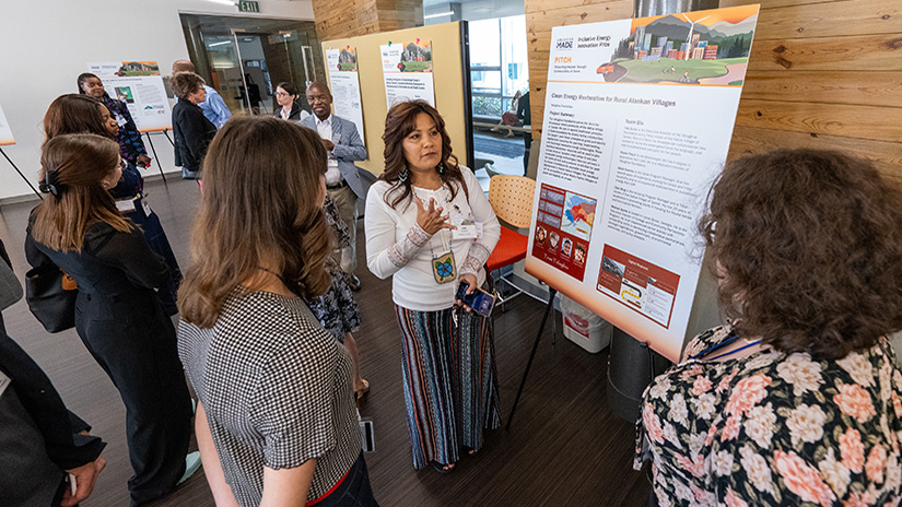 One person stands at a posterboard speaking, with several other people facing toward her listening; other posters and speakers are in the distance behind her.