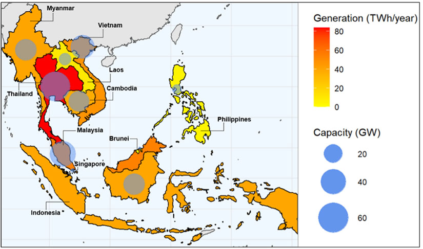 Map of Southeast Asia showing floating photovoltaic generation and capacity potential for reservoirs.