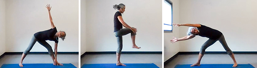 Three photos of a woman in yoga poses. 