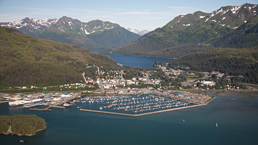 City of Cordova, Alaska nestled in-between the ocean and mountains.