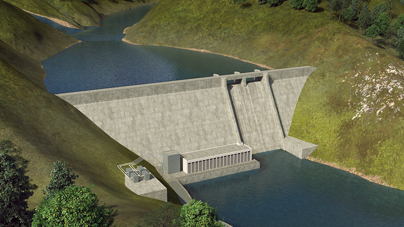 Illustration of a concrete dam creating a reservoir of water on a river