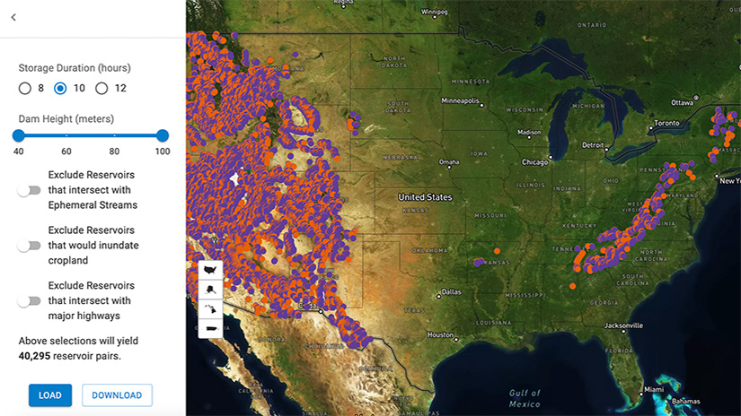 Screenshot that shows a map of the United States featuring multicolored dots, concentrated in the western states and along the mountains in the East, that represent potential pumped storage hydropower sites.