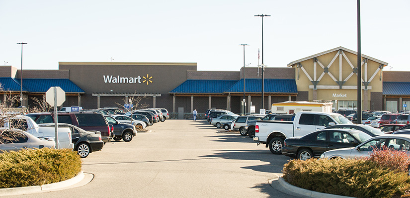 The exterior of a Walmart store. 