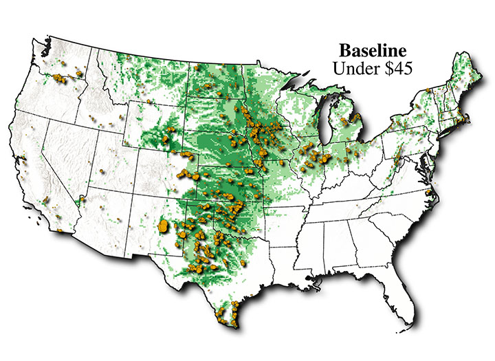 Map of the contiguous United States, labeled 'Baseline - Under $45,' showing a swath of shaded area in the middle.