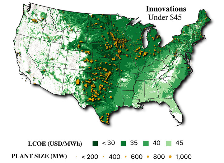 Map of the contiguous United States, labeled 'Innovations - Under $45,' showing heavy shading down the middle and East Coasts and speckled in the West.