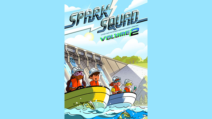 : A comic book cover showing four kids on boats next to a hydropower dam