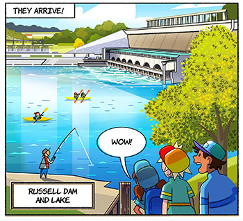 A graphic illustration of three kids standing on the side of a lake with a hydropower plant, kayakers and a person fishing.