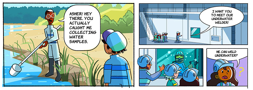 Left: A graphic illustration of a biologist standing on the bank of a lake and holding a tool to collect water samples. Right: A graphic illustration of a woman leading a group of four kids through a hydropower plant where a glass window shows a welder working underwater.