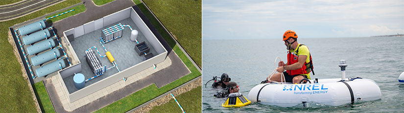 On the left: An illustration of a tubular wave energy converter with a highlighted “bulge” traveling its length; On the right: A person in a helmet atop a floating wave energy converter, with divers in the water behind him.