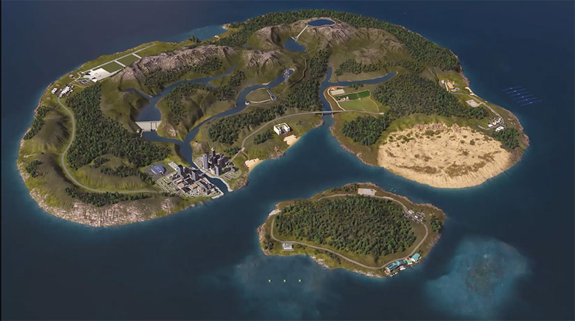 An island in the sea with cities, beaches, hydropower dams, and waterways sprinkled throughout