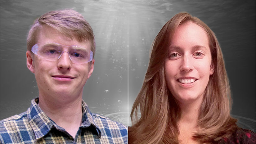 Headshots of Charles Candon and Rebecca Fao layered on top of an image of light shining underwater