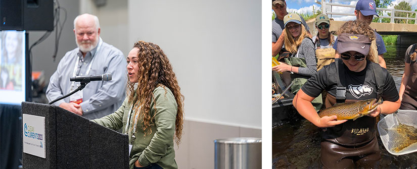 Left: Natalie Coash presenting at podium; Right: Natalish Coash stands in river holding fish