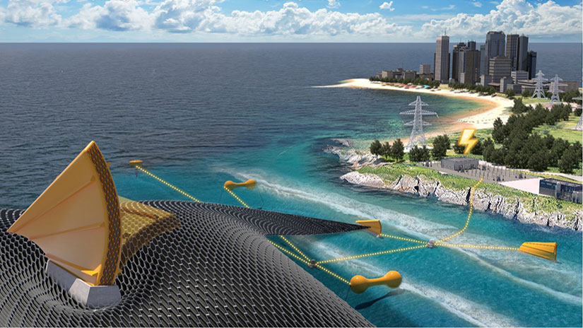 Offshore, flexible devices send electricity from the ocean to coastal buildings, transmission lines, and a city.