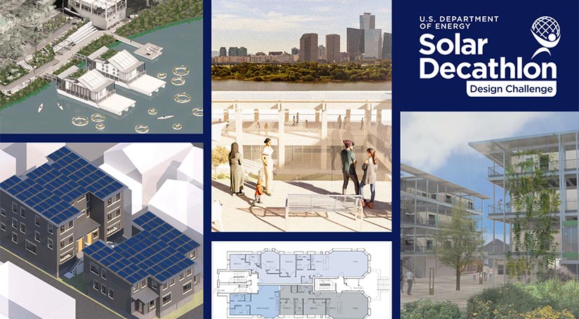 Several exterior, zero energy building renderings are shown in a collage with the Solar Decathlon logo.