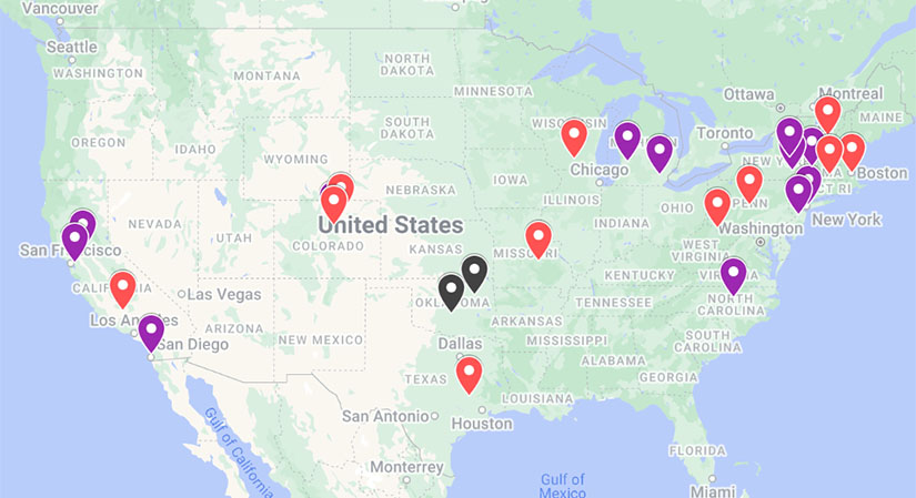 U.S. map showing the 33 universities listed below that are part of the Fall 2023 Geothermal Collegiate Competition.