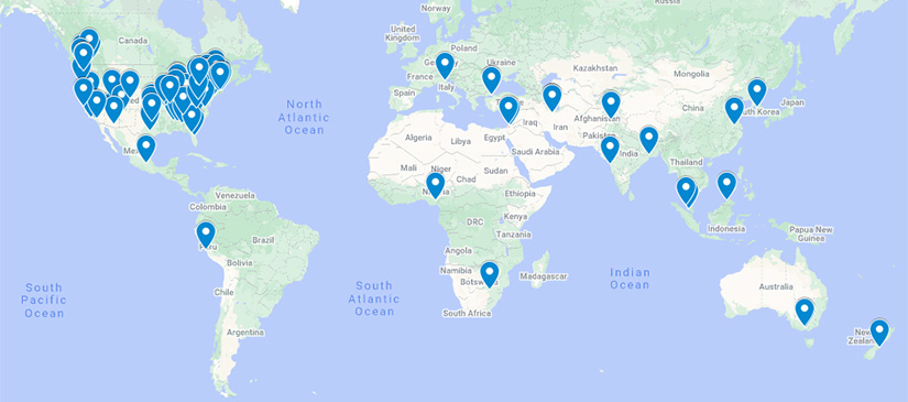 A map of the world showing the location of 105 Design Challenge teams, which span across 18 countries.