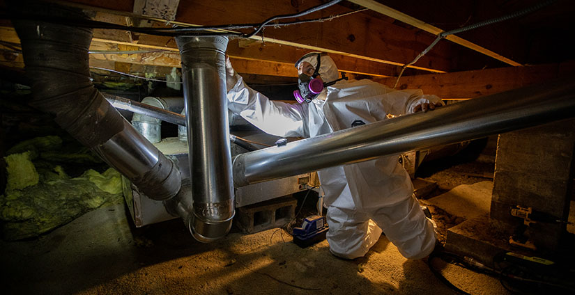 A man checking a furnace in a crawlspace.