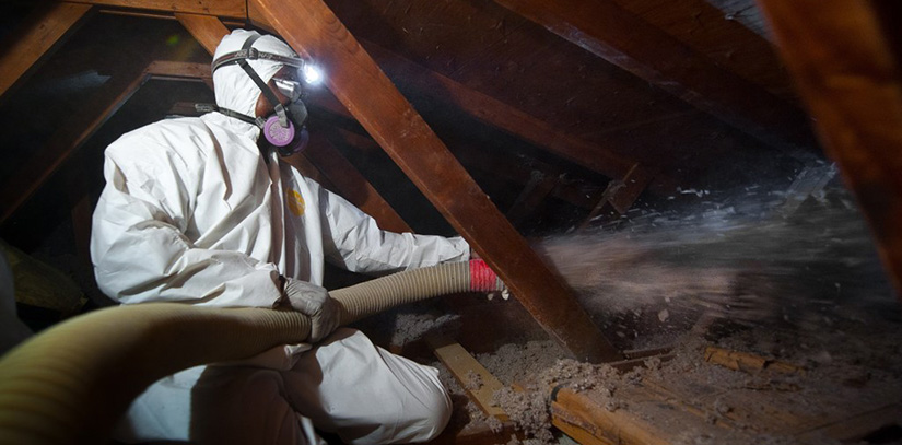 A person wearing protective gear blowing insulation from a tube in an attic.