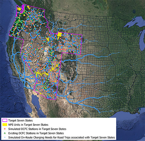 A map of the western United States with colorful lines and dots.