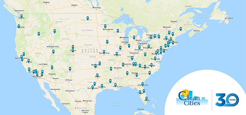 Map of the United States with pins for each Clean Cities coalition.