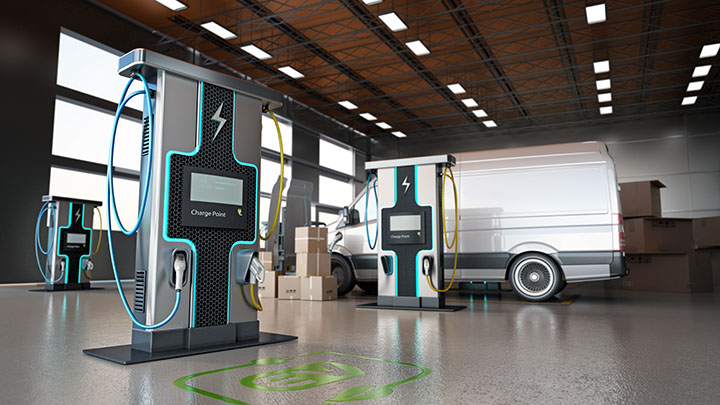 An electric truck at an indoor charging station.