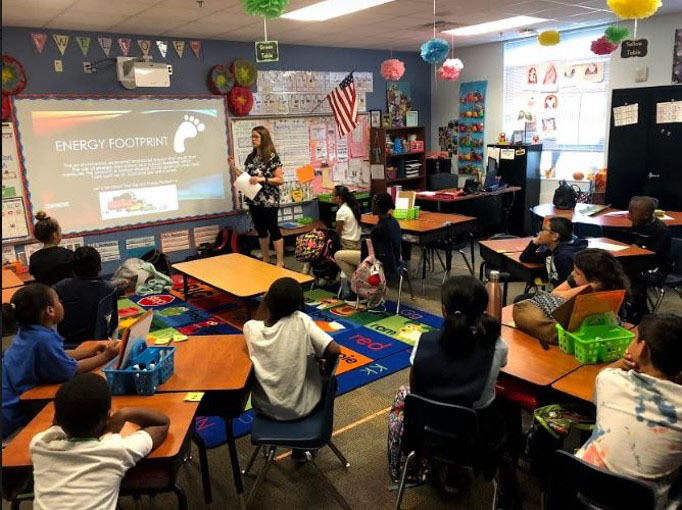 12 children at desks in a colorful classroom. At the front a teacher stands in front of a screen with the words Energy Footprint.