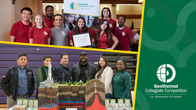 A collage showing two different teams of more than a dozen total students posing with certificates and geothermal models alongside the Geothermal Collegiate Competition logo.