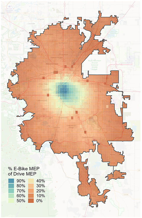 A map of Denver showing the percentage E-Bike MEP of Drive MEP. The map includes a legend with the MEP score ranging from 0 percent to 90 percent. The map shows the highest percentage at the center of the city, with a continual decrease from the city center to its outskirts.
