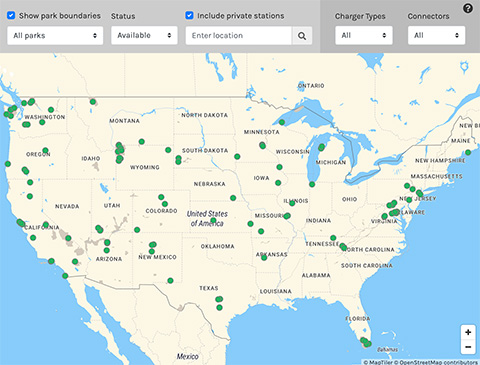 A screenshot of the new National Park Service EV Charging Station map.