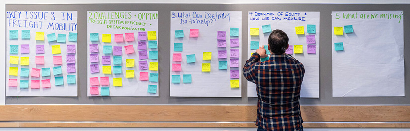 A man adding post-it notes different whiteboards. 