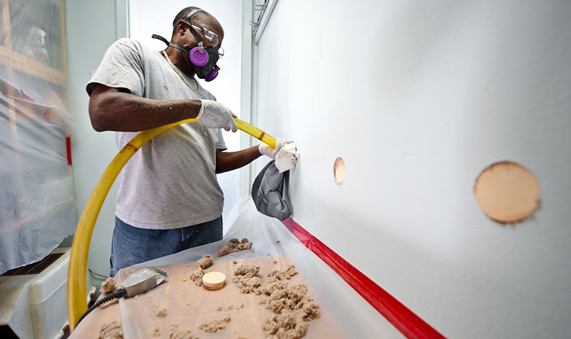 Retrofit technician insulating wall.