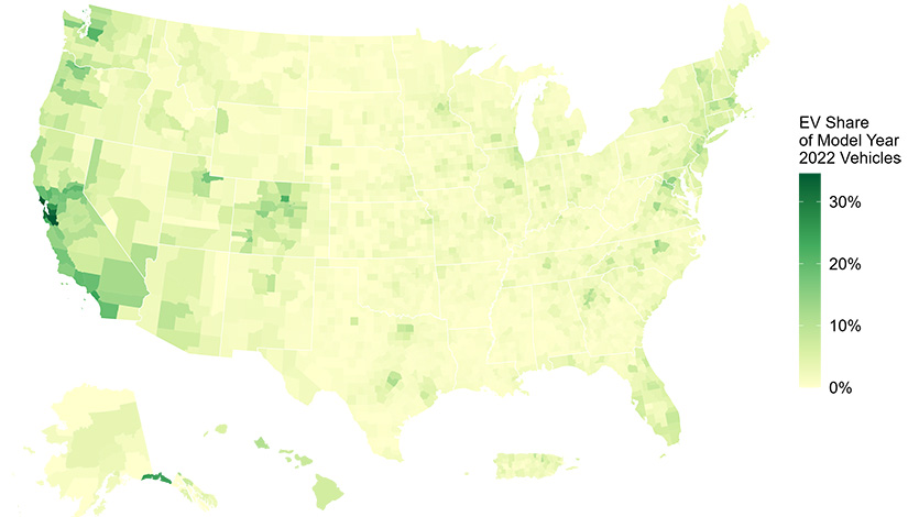 A map showing variation in current EV sales share across the Unites States, with a scale ranging from 0% to 30%.