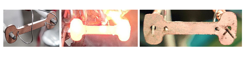 A metal shape on the left, heated in the middle, and somewhat charred on the right