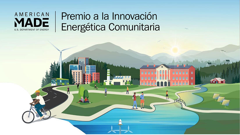 Illustration of sustainable city with people biking, walking, energy efficient buildings in the background, and solar arrays and wind turbines