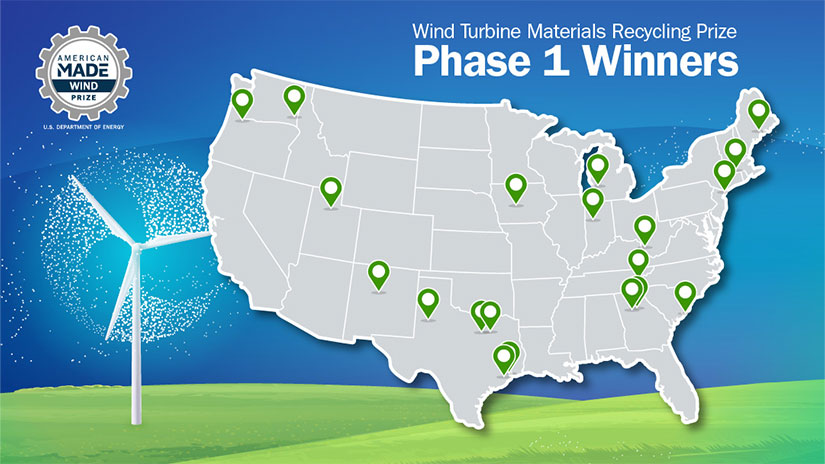 A map of the United States with pin drops showing the location of each of the 20 winners of the first phase of the Wind Turbine Materials Recycling Prize.