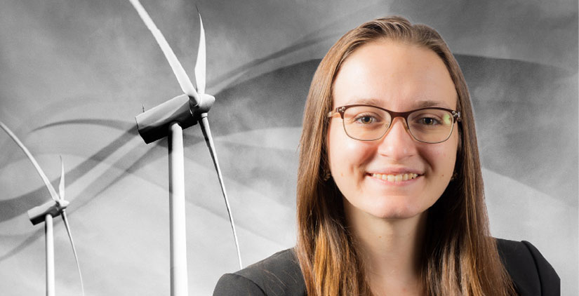 A graphic with two wind turbines and sweeping lines representing wind flow overlain by a headshot of Genevieve Starke.