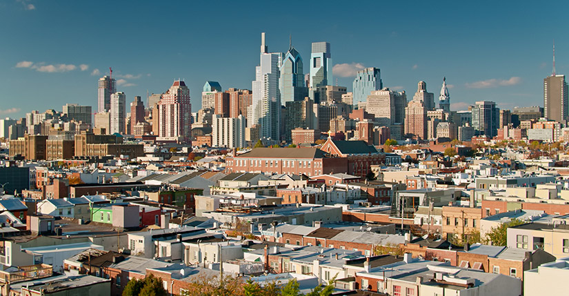 An aerial view of Philadelphia, Pennsylvania, during the day.