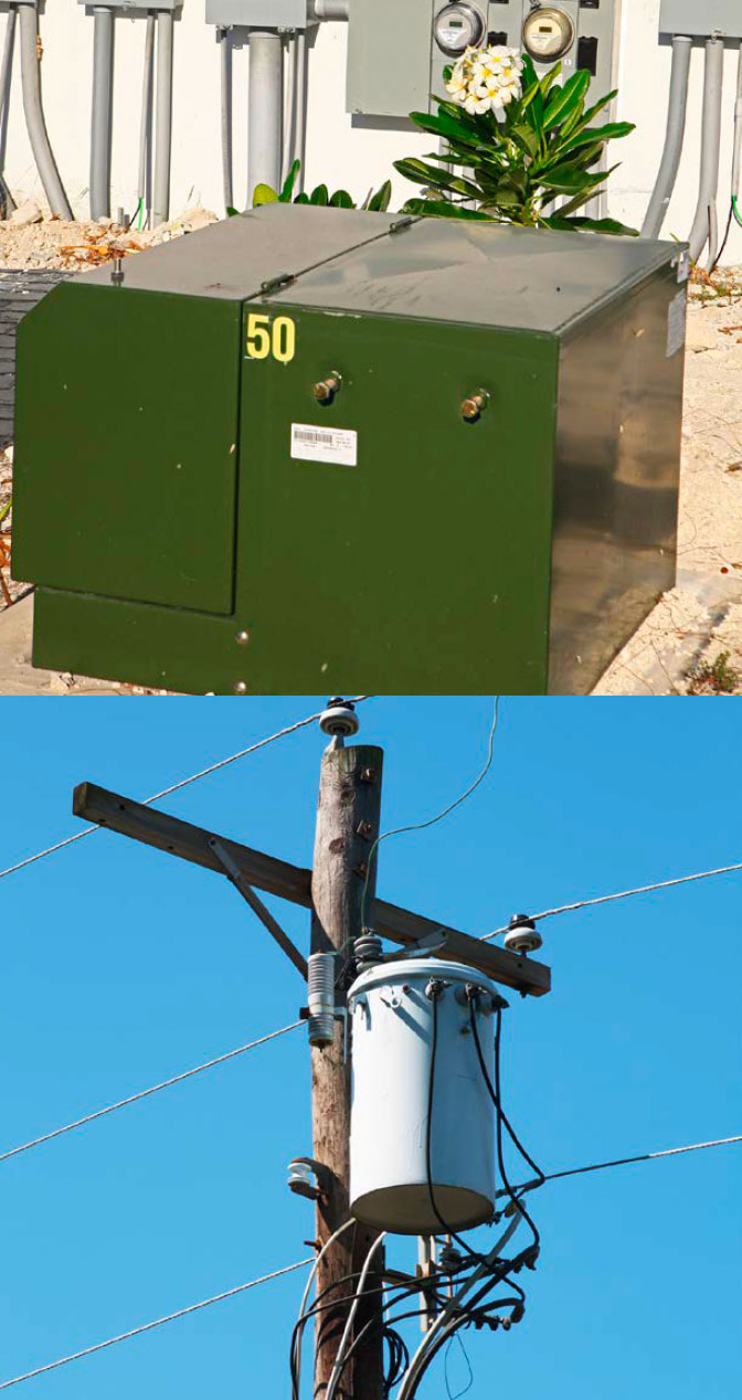 Top: A large, metal box sitting on the ground. Bottom: A metal cylinder mounted to a power line pole.