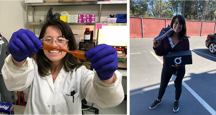 Two images of Kat Knauer, one in a lab holding up a polymer prototype and the second in a parking lot holding a pair of running shoes.