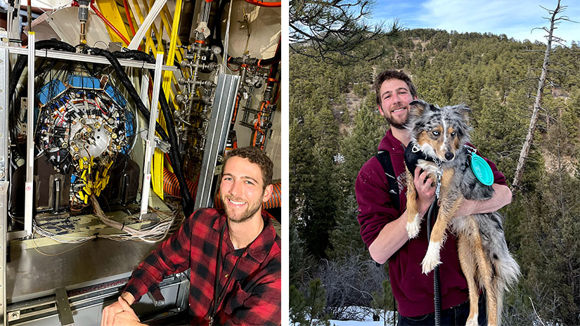 (left) Alec Schnabel posing in front of a wall full of electronic parts and wires; (right) Schnabel holding his dog in the woods